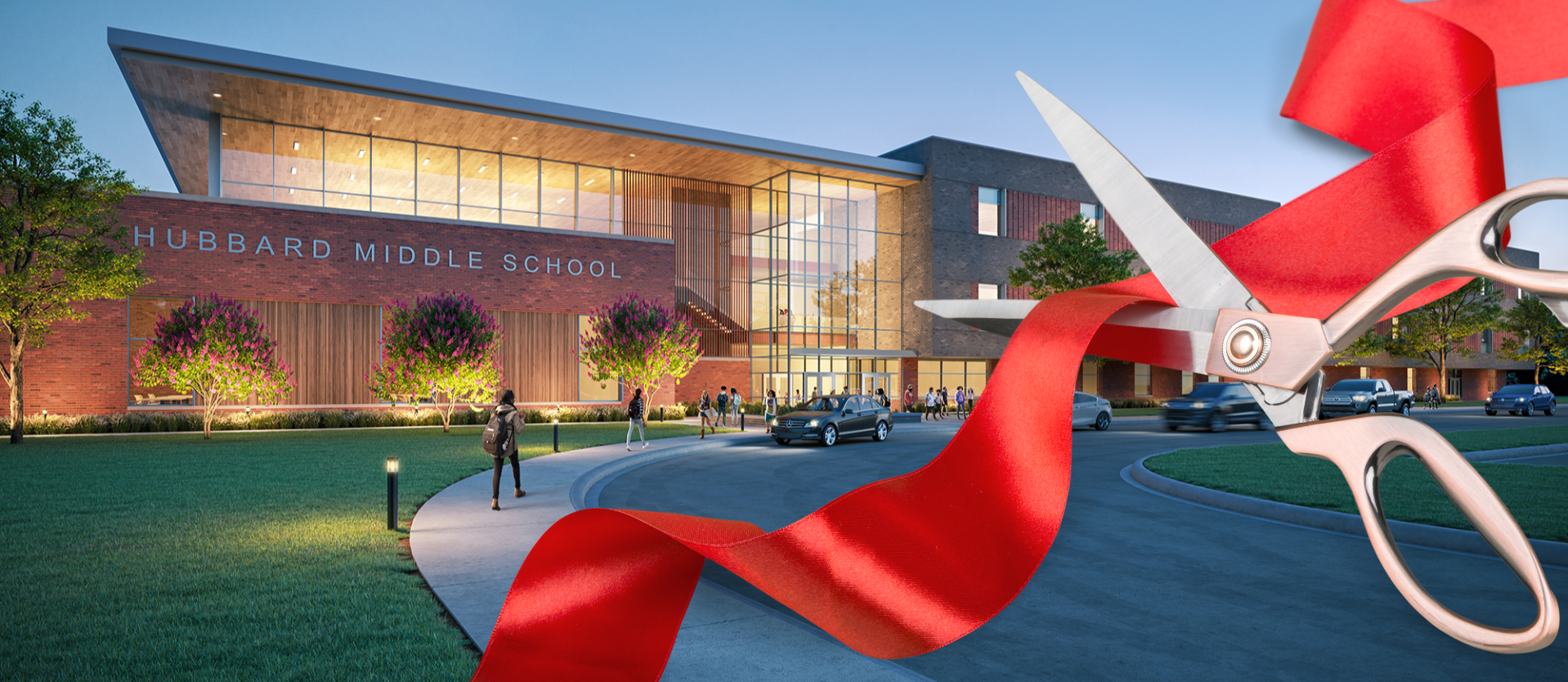 middle school building with ribbon and scissors overlayed