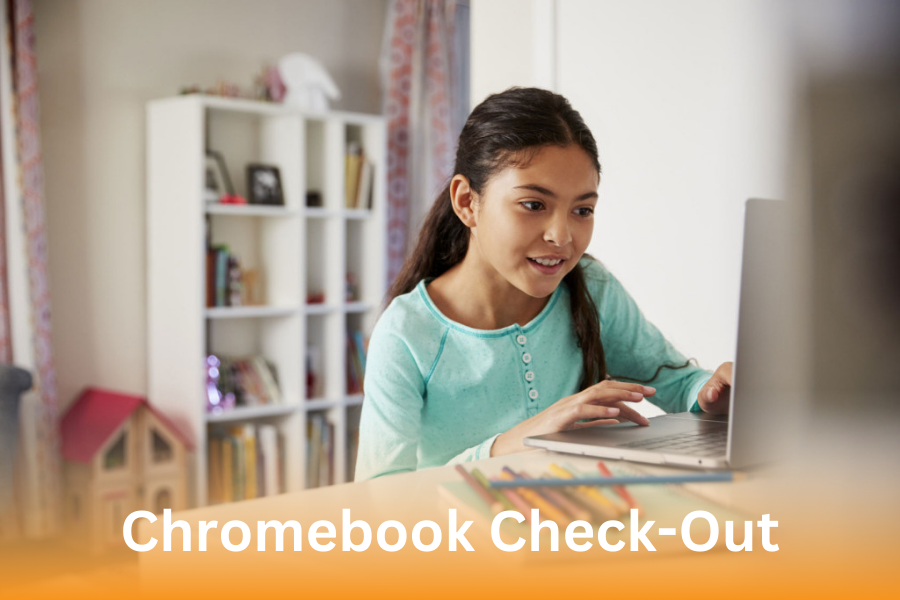 "chromebook checkout" student at home working on laptop