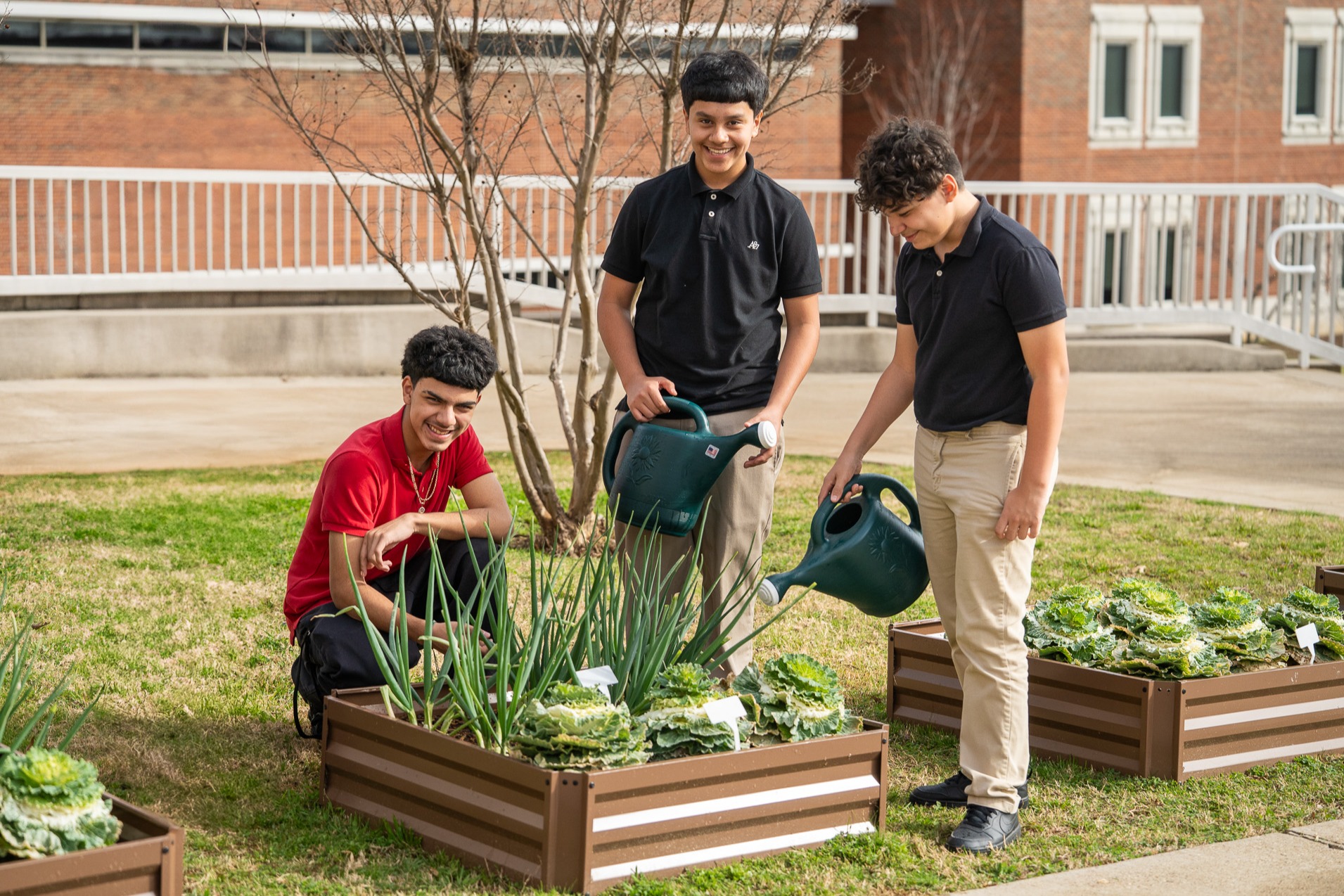 Four individuals in a garden, with two holding watering cans. One kneels while another stands. Behind them, a building with brick walls and white windows.