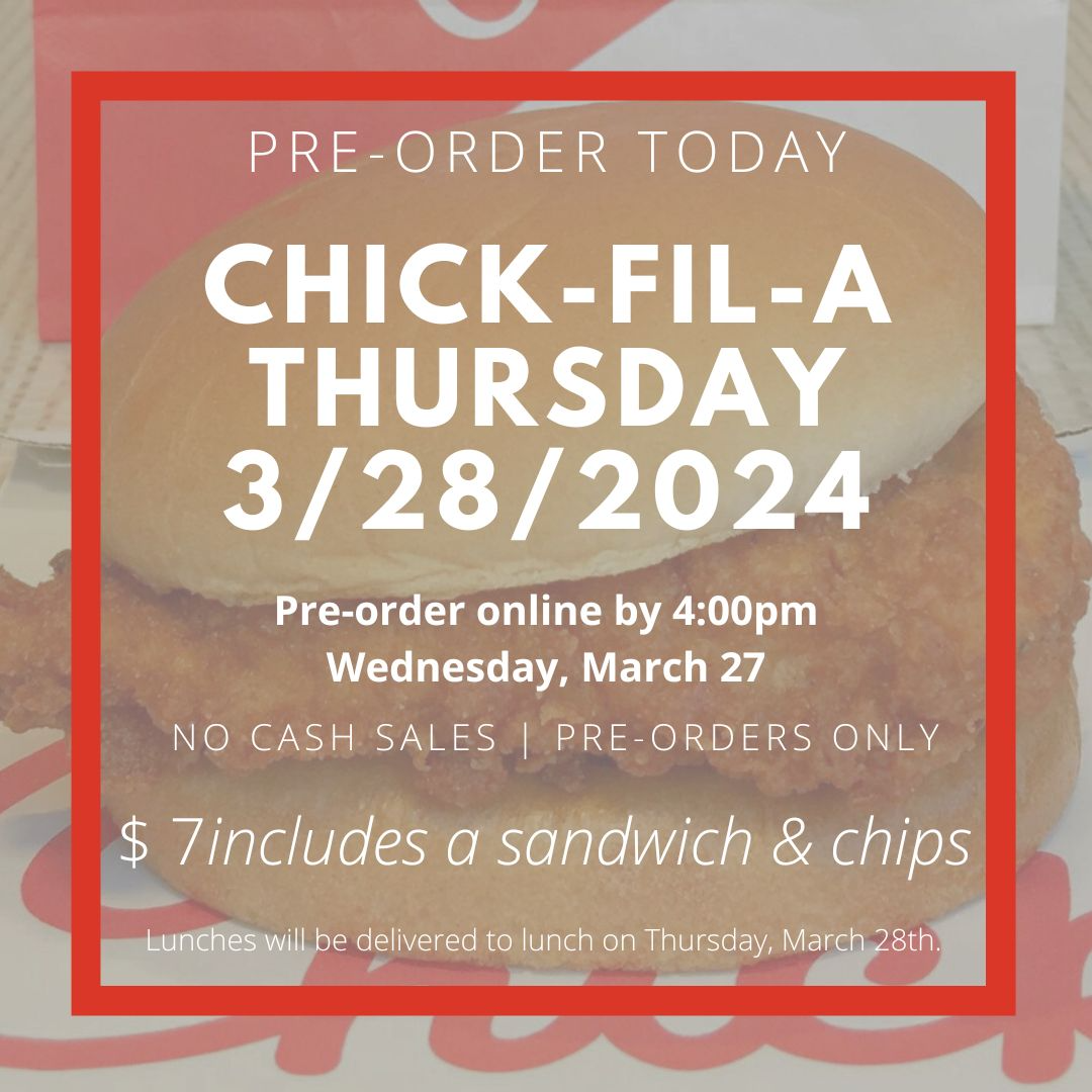 Our next Chick fil A Friday is actually on a Thursday! Pre-order your sandwich today and have it delivered during lunch on Thursday, March 28. https://tyler-legacy-pta-february-2024-copy.cheddarup.com/