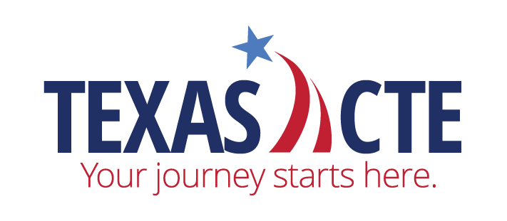 Texas CTE. Your Journey Starts Here. 60x30 Texas with TX flag banner across the bottom