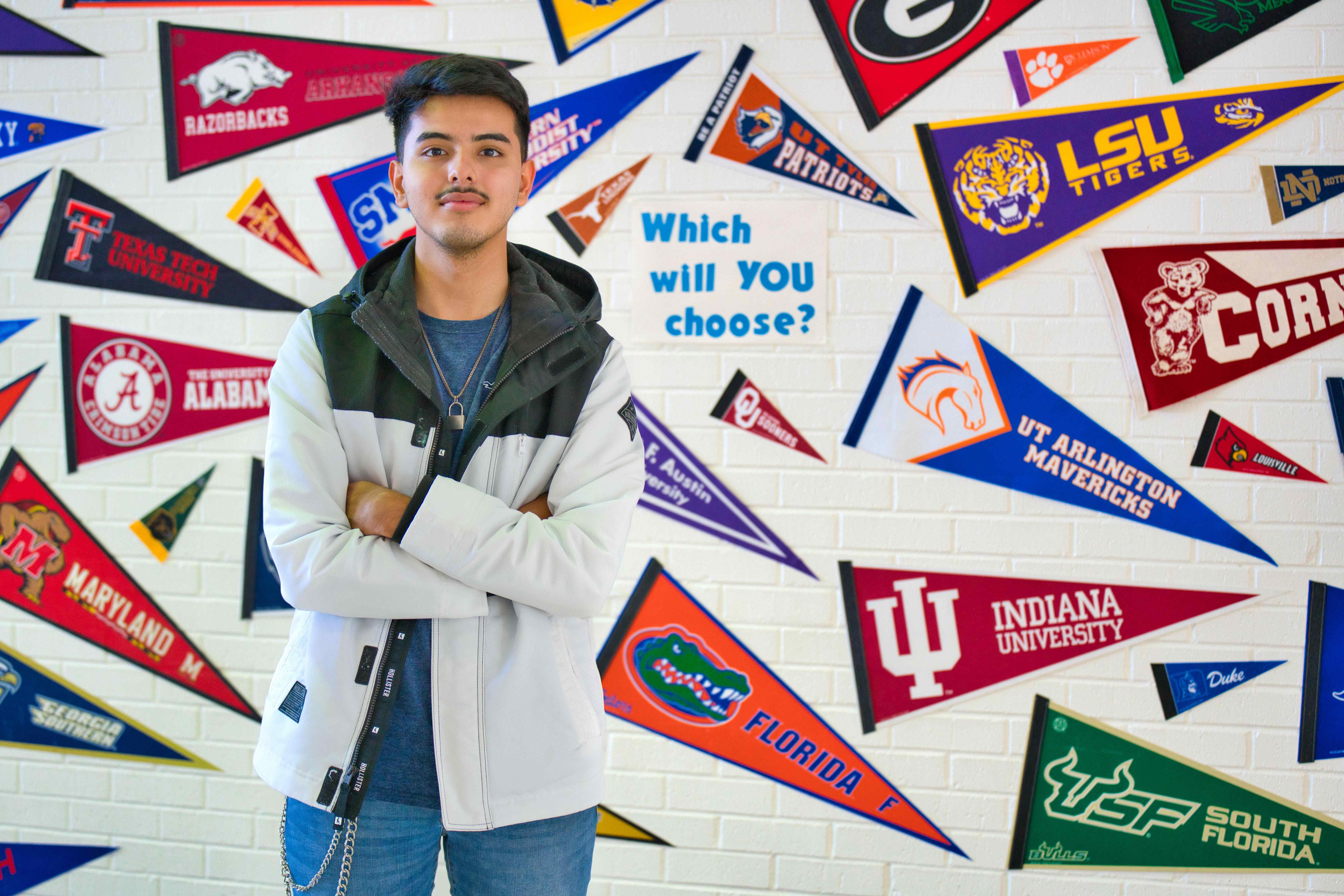 student with pennants
