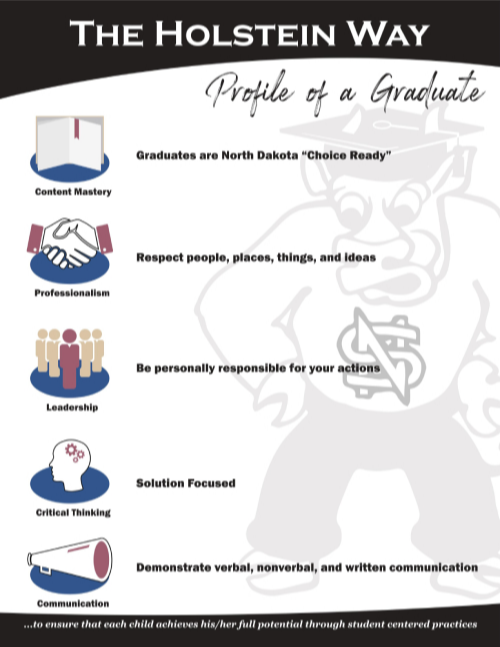 The Holstein Way. Profile of a Graduate. Content mastery: Graduates are North Dakota "Choice Ready". Professionalism: Respect people, places, things, and ideas. Leadership: Be personally responsible for your actions. Critical thinking: Solution focused. Communication: Demonstrate verbal, nonverbal, and written communication. To ensure that each child achieves his/her full potential through student centered practices.