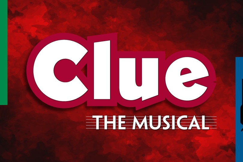 A vibrant display of "Clue: The Musical" logo on a red background with various objects like a wrench and a noose.
