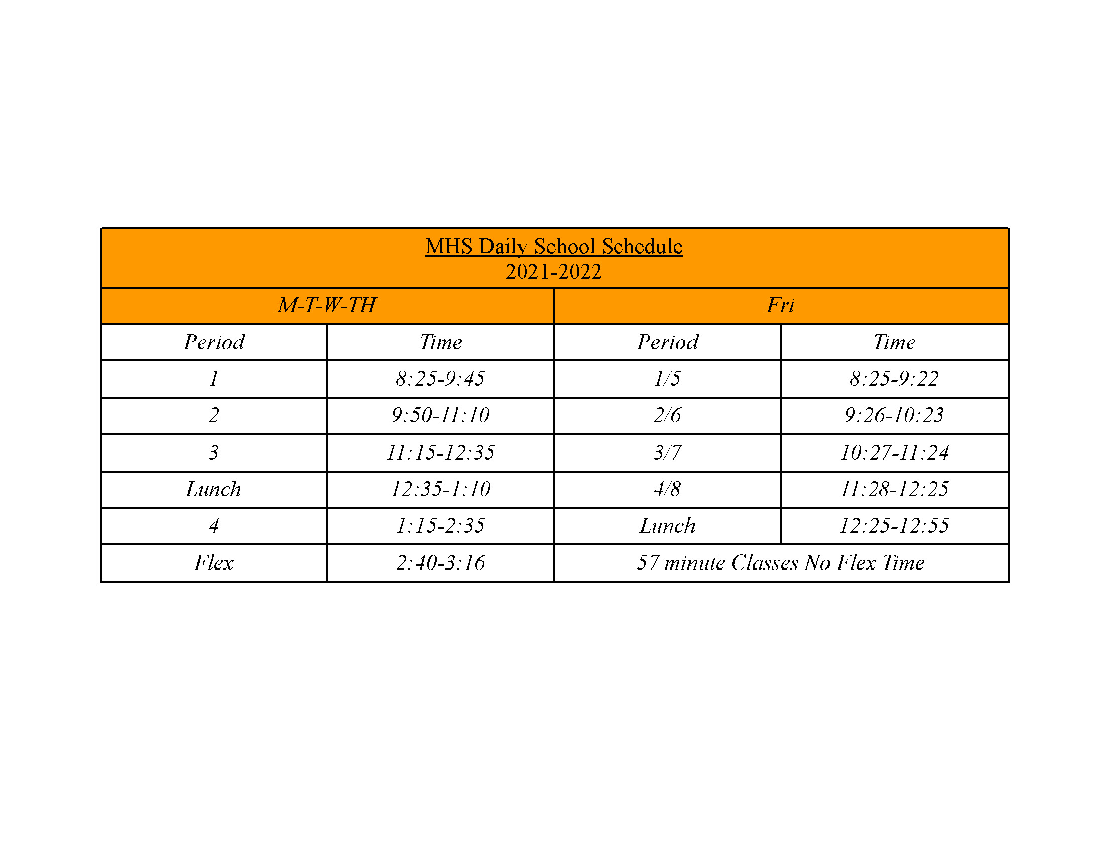 Bell Schedule 2021-22