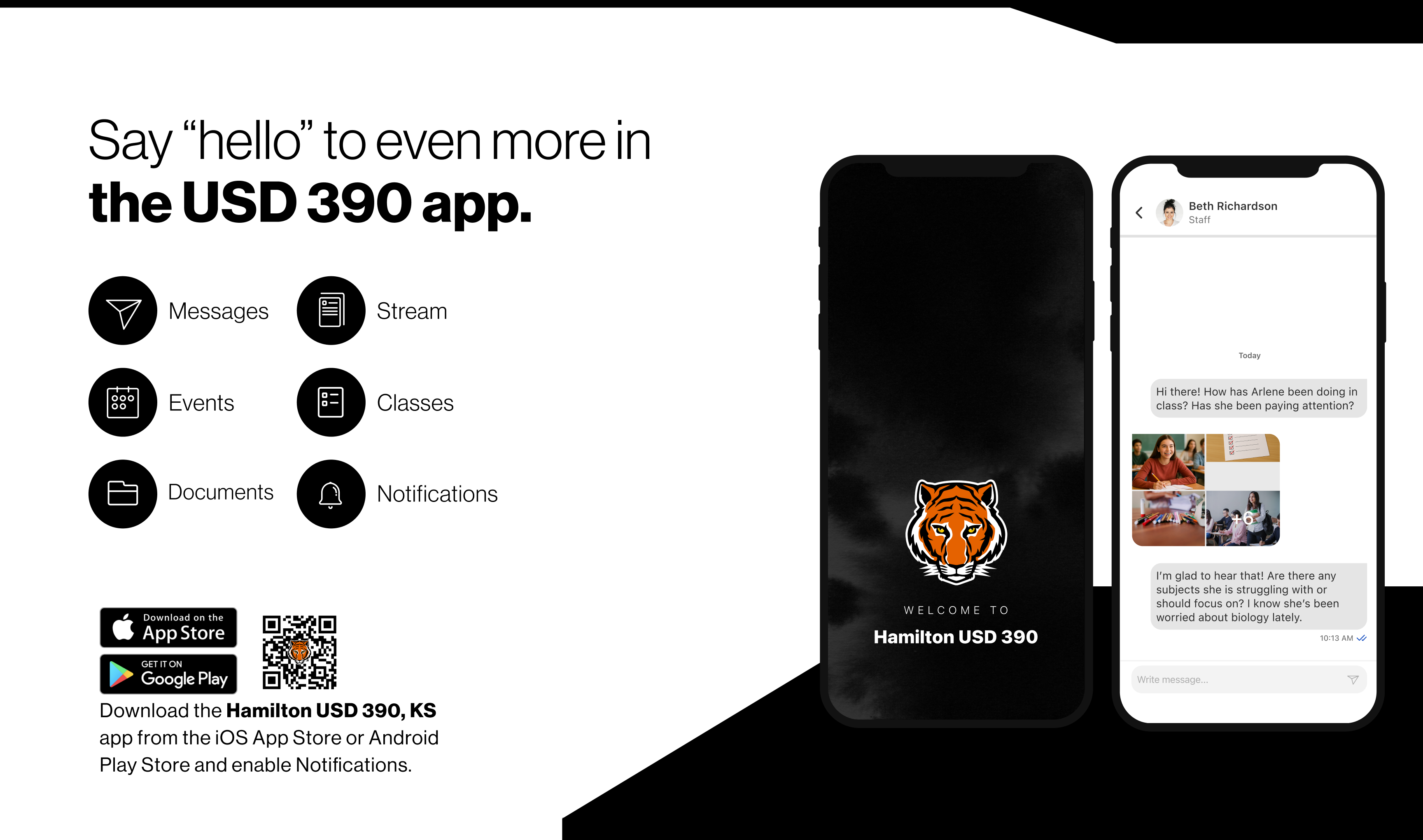 Image of our school app and a QR code to scan to have it download