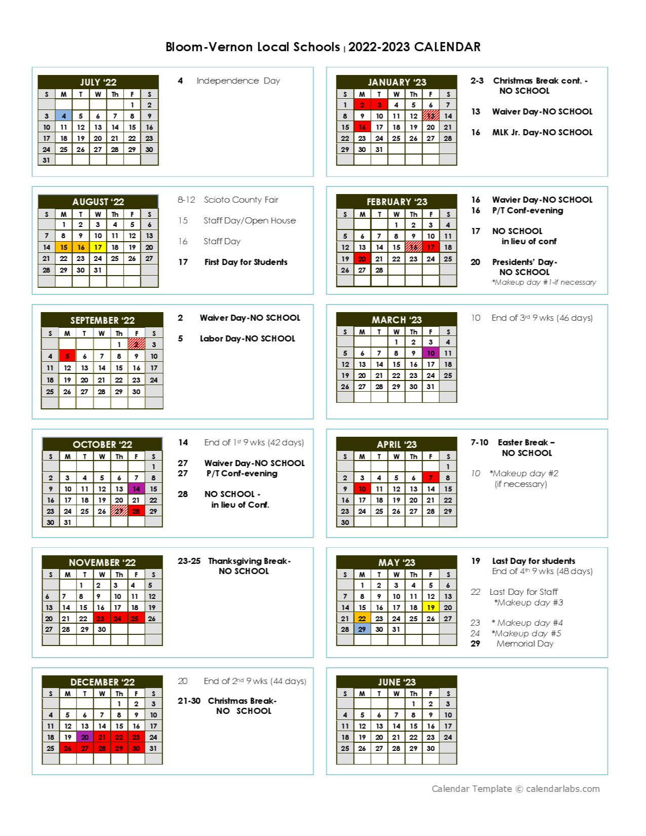 District Calendar Bloom Vernon Local Schools