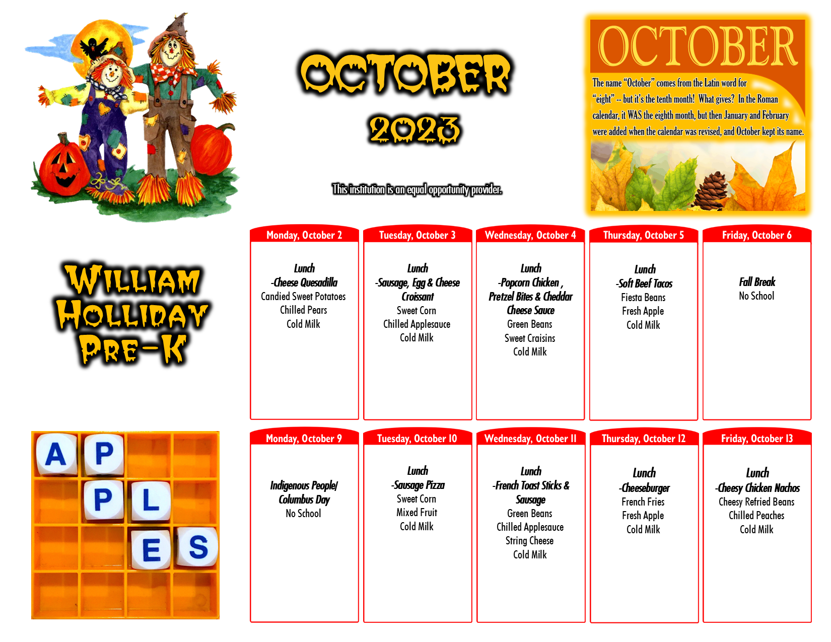 Food Menus (William Holliday) PontiacWilliam Holliday School