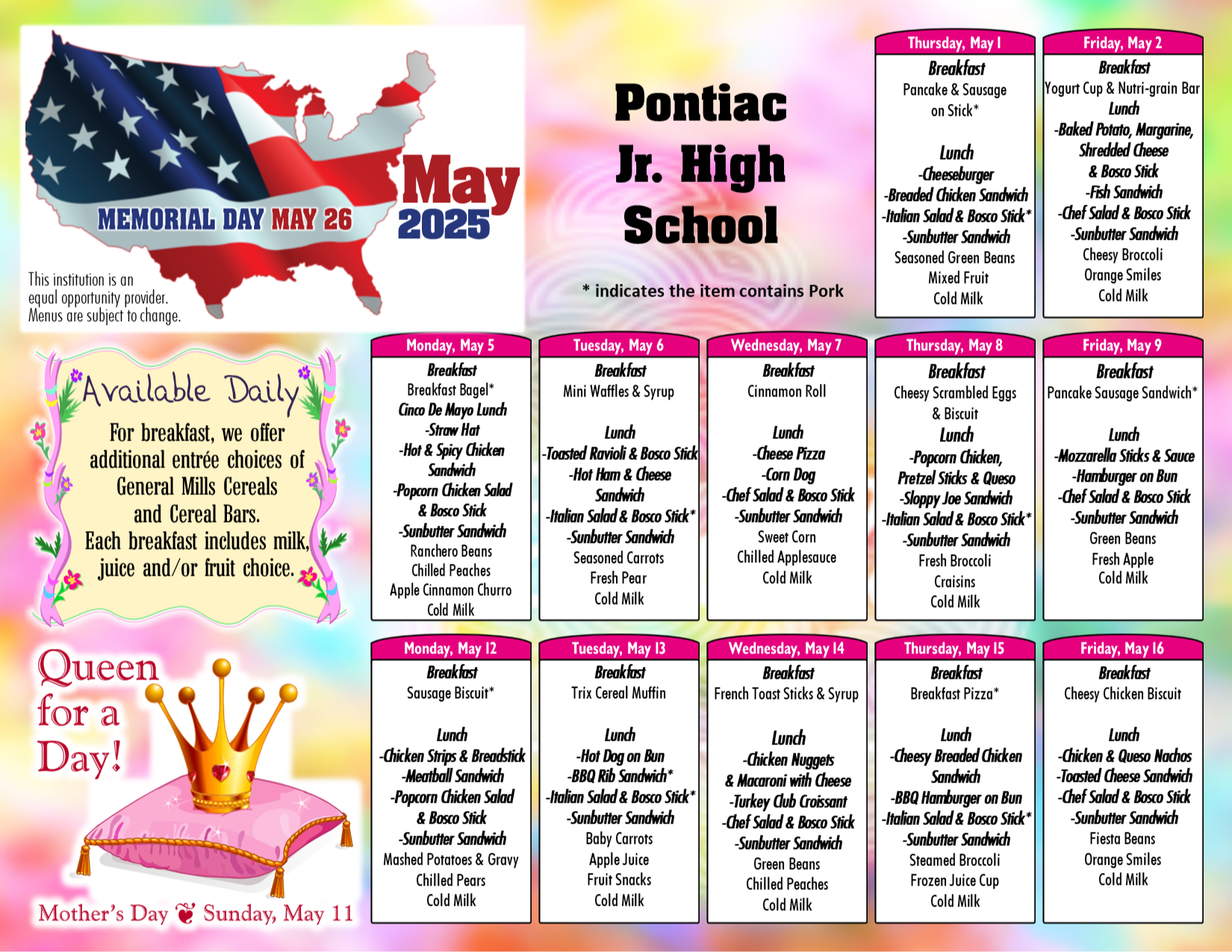 Pontiac May Food Menu 