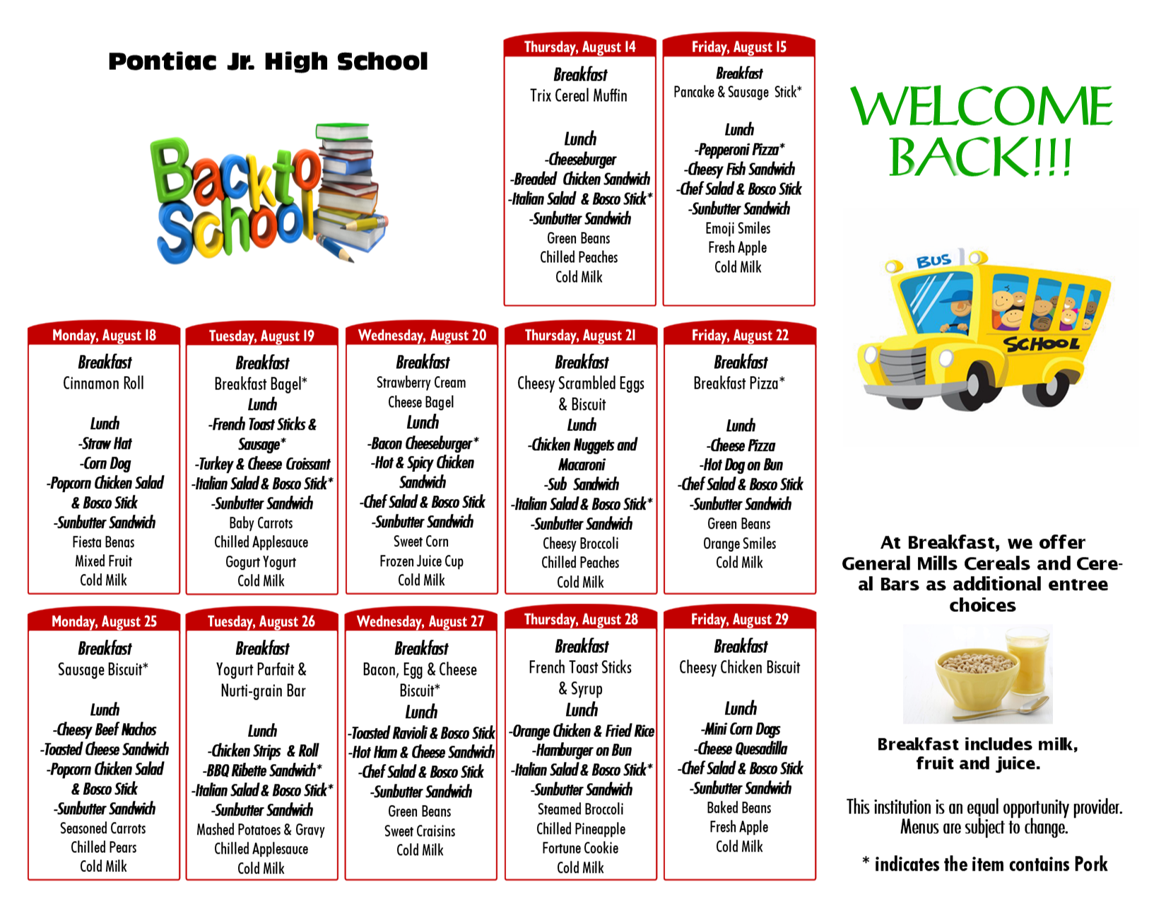 Pontiac Aug. Food Menu 