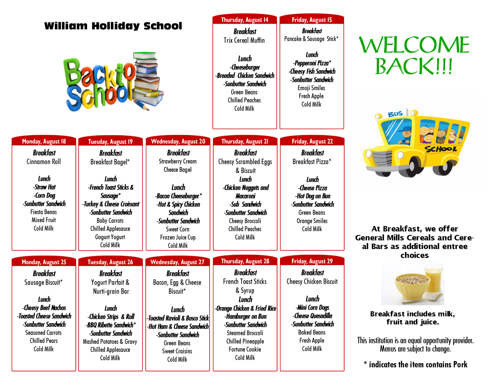 William-Holliday Aug. Food Menu