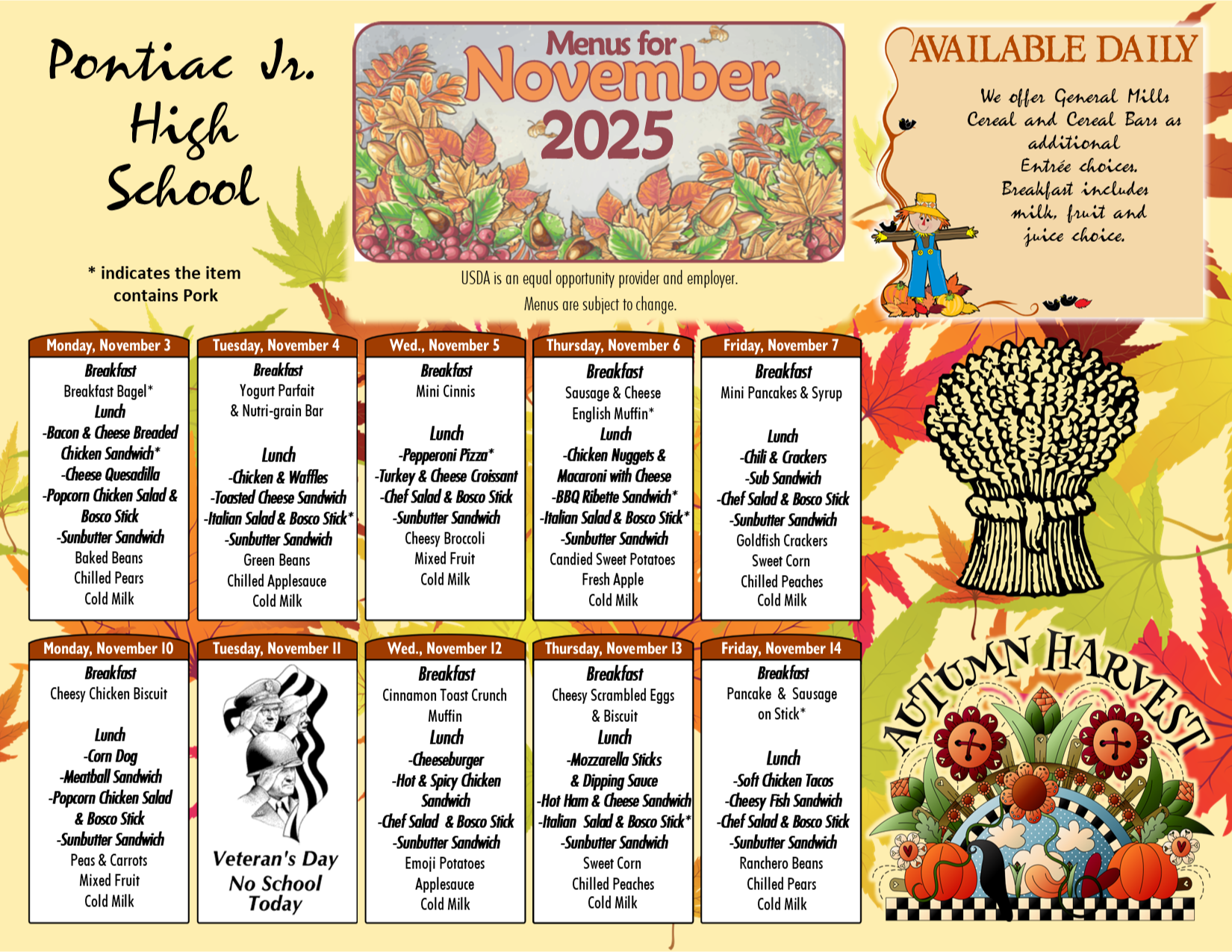 Pontiac Nov.  Food Menu 