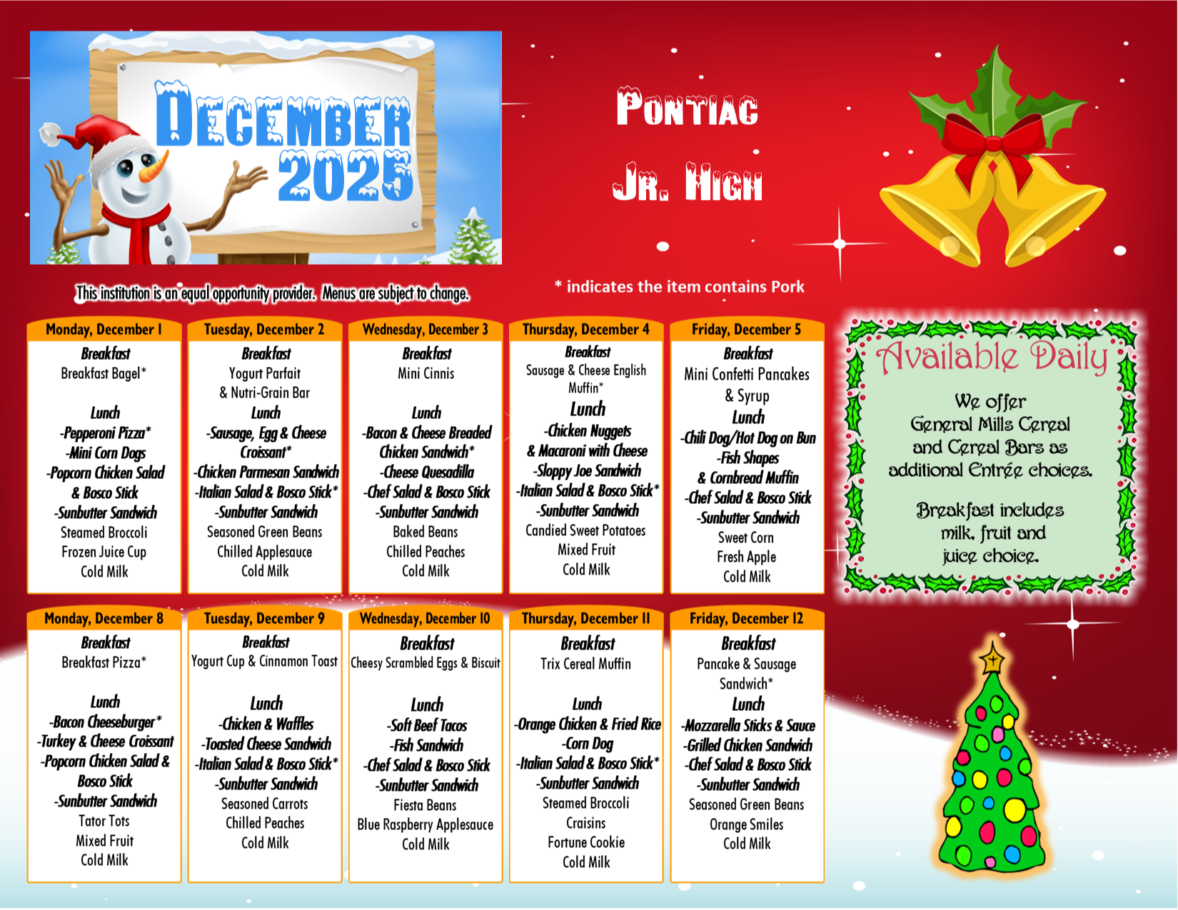 Pontiac Dec.  Food Menu 