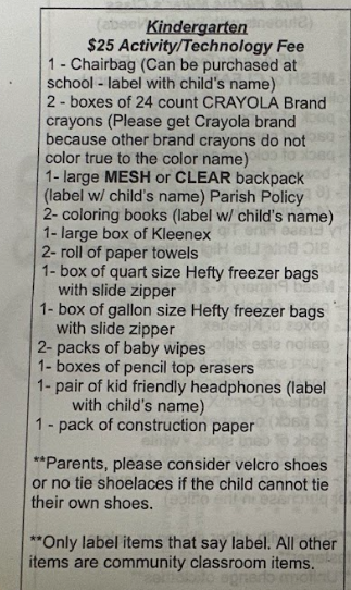Kindergarten Supply List
