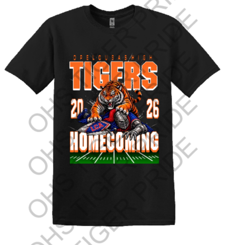 Black Opelousas Tigers Homecoming 2026 t-shirt featuring orange and white tiger mascot graphic with green accent stripe