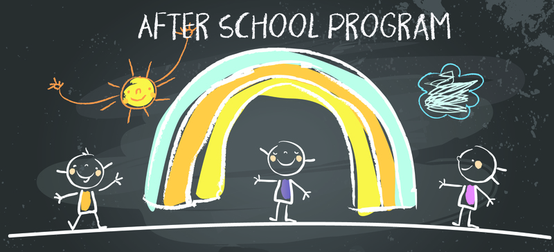 After School Program - Chalk drawing image of a rainbow and some kids playing.