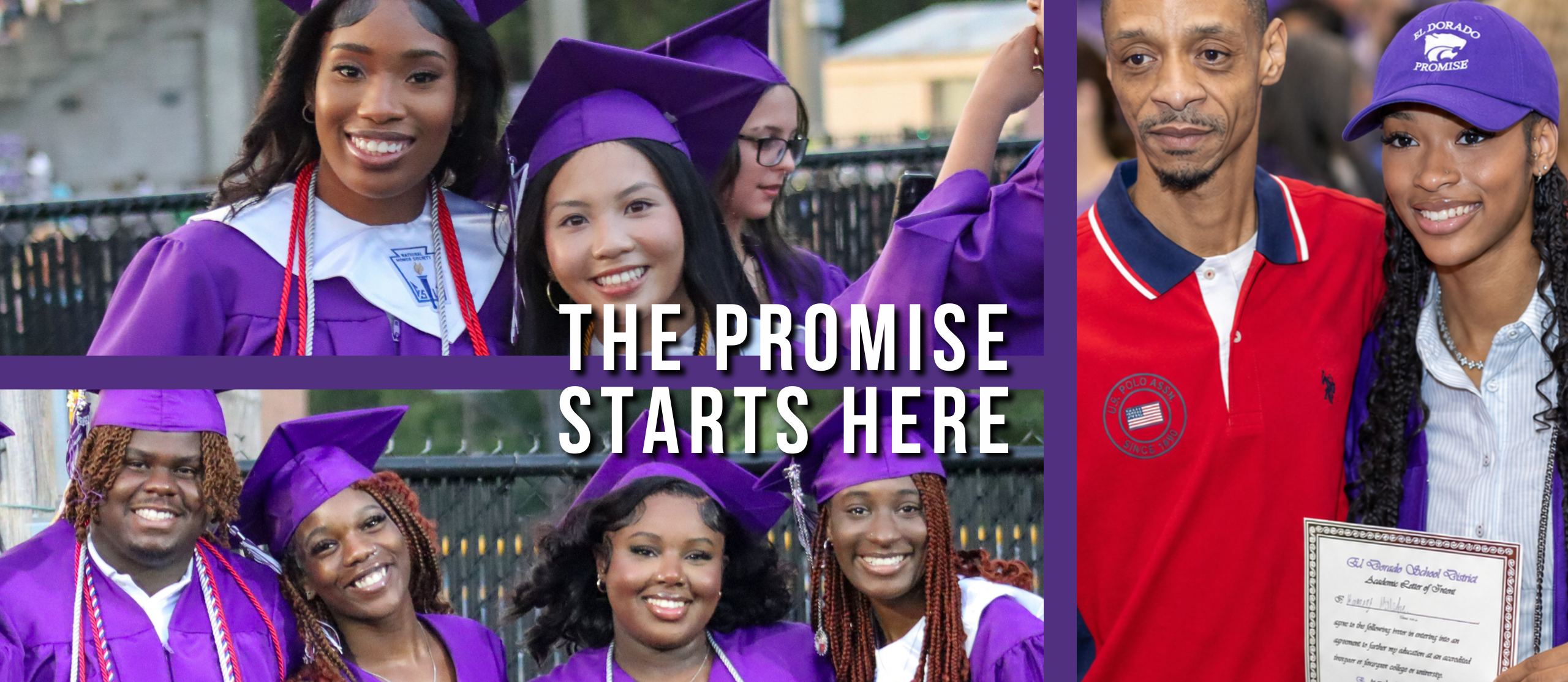 test alt the el dorado promise starts here. we prepare students for college, careers and a future full of opportunity. past graduates smiling at graduation ceremony and senior pictured with guardian at academic signing day