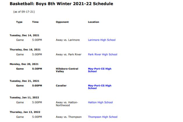8th grade boys bb schedule