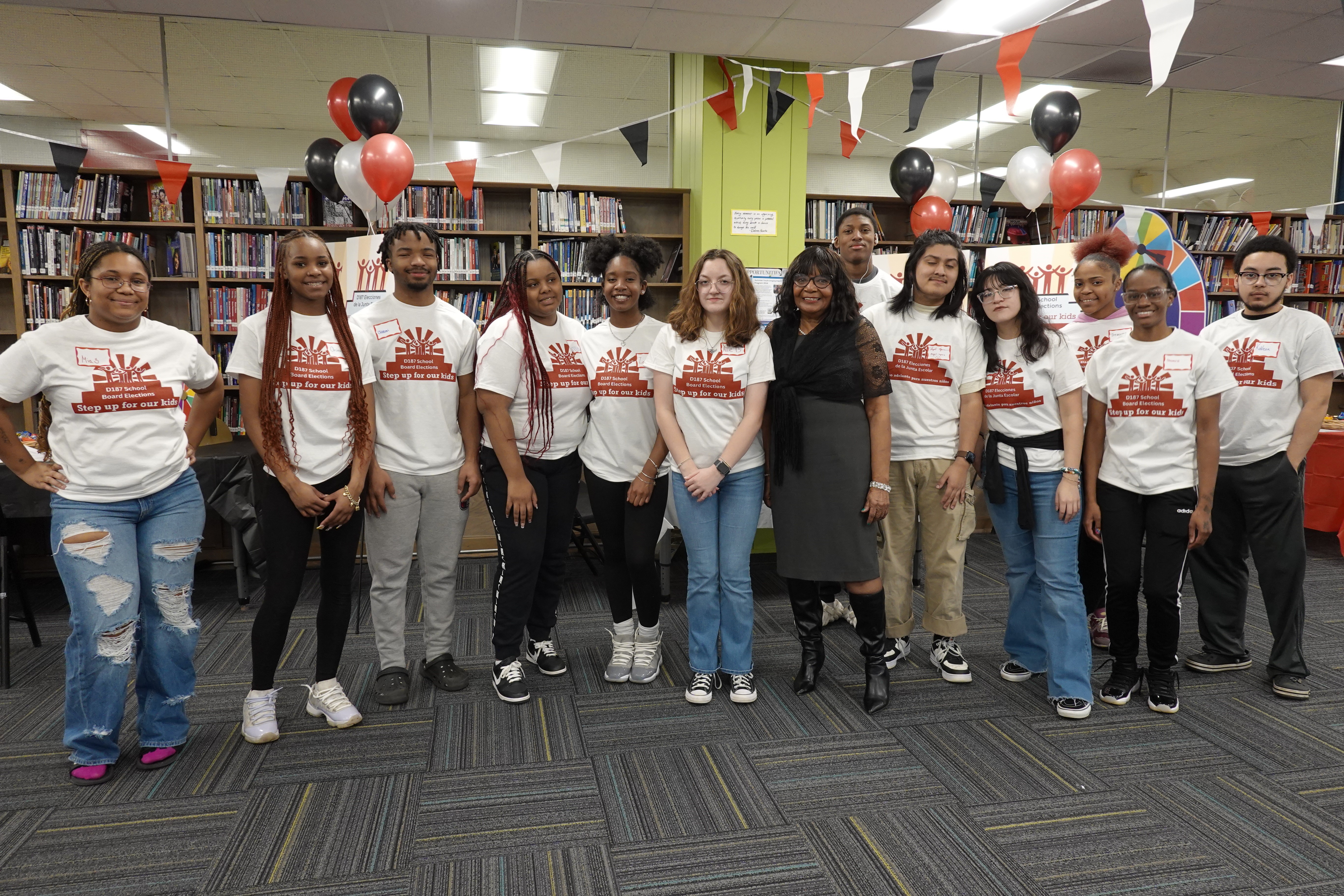 The D187 Elected Board Transition Campaign kick-off event, March 19, 2024.  Mrs. Dora King and our great NCCHS student volunteers!