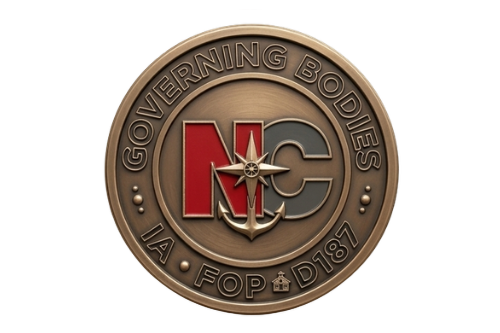 A circular bronze seal with the words "GOVERNING BODIES" on top and "IA • FOP • D187" on the bottom. The center features large stylized letters "N" in red and "C" in grey, overlaid with a silver compass rose and anchor against a steampunk-style background of gears. A banner at the base reads "NORTH CHICAGO DISTRICT 187".