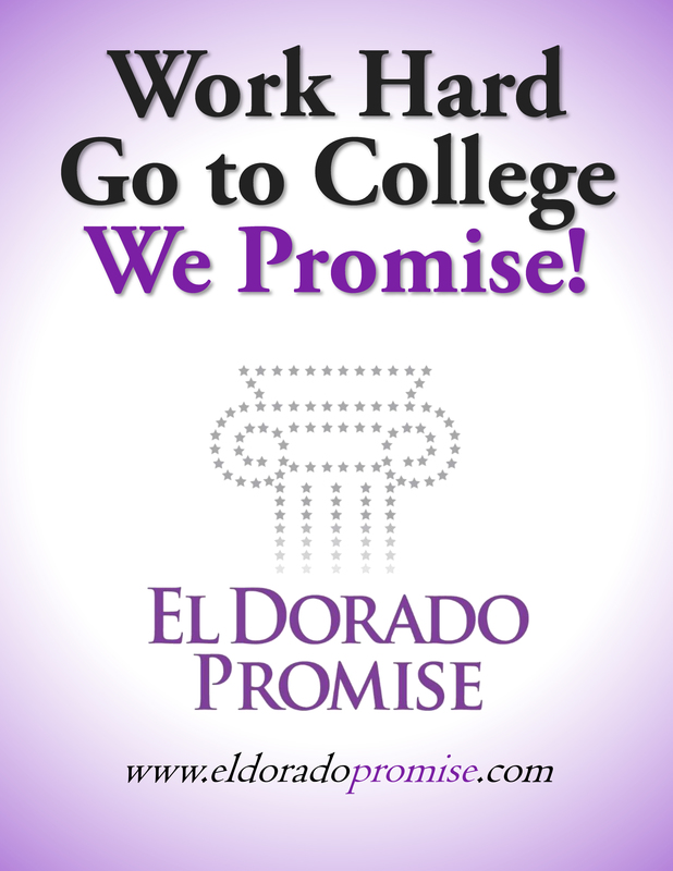 Work Hard Go to College We Promise!  - El Dorado Promise. Visit www.eldoradopromise.com to learn more. Purple and white poster. 