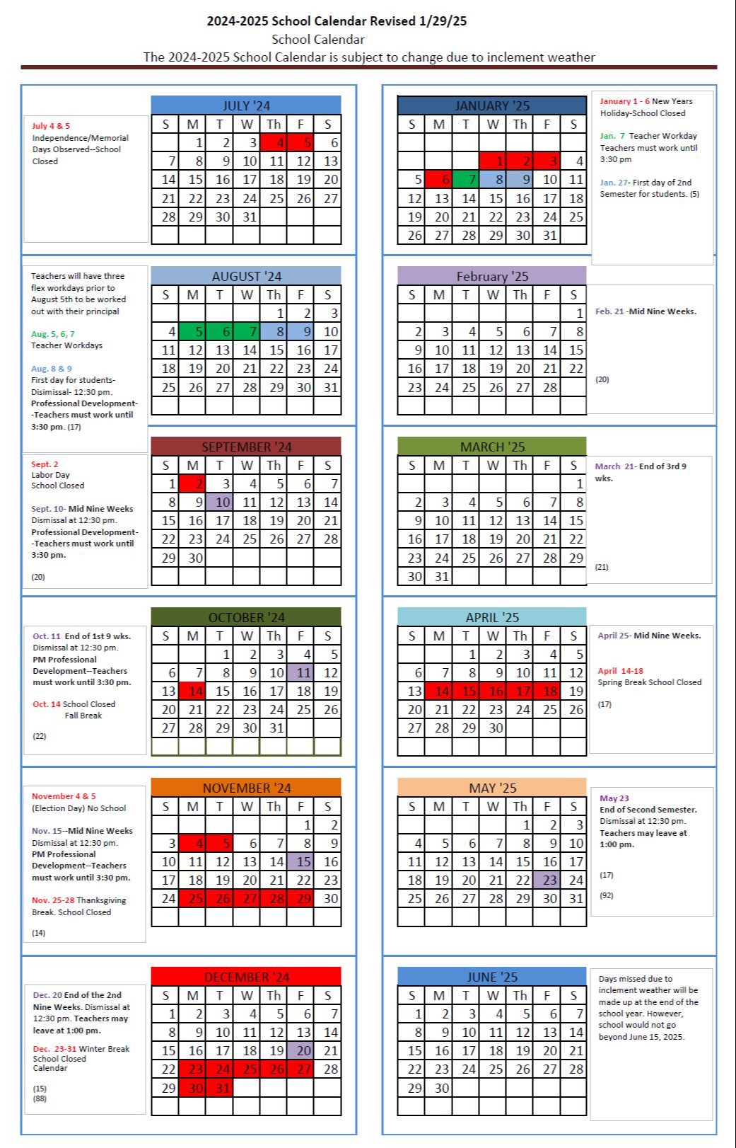 2024-2025 School Calendar