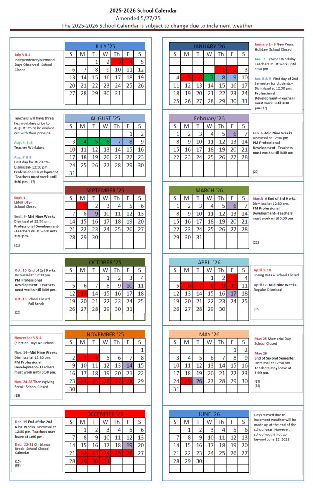 2025-2026 School Calendar