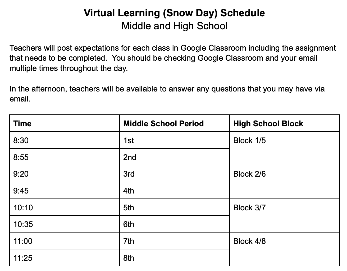 MS HS eLearning schedule