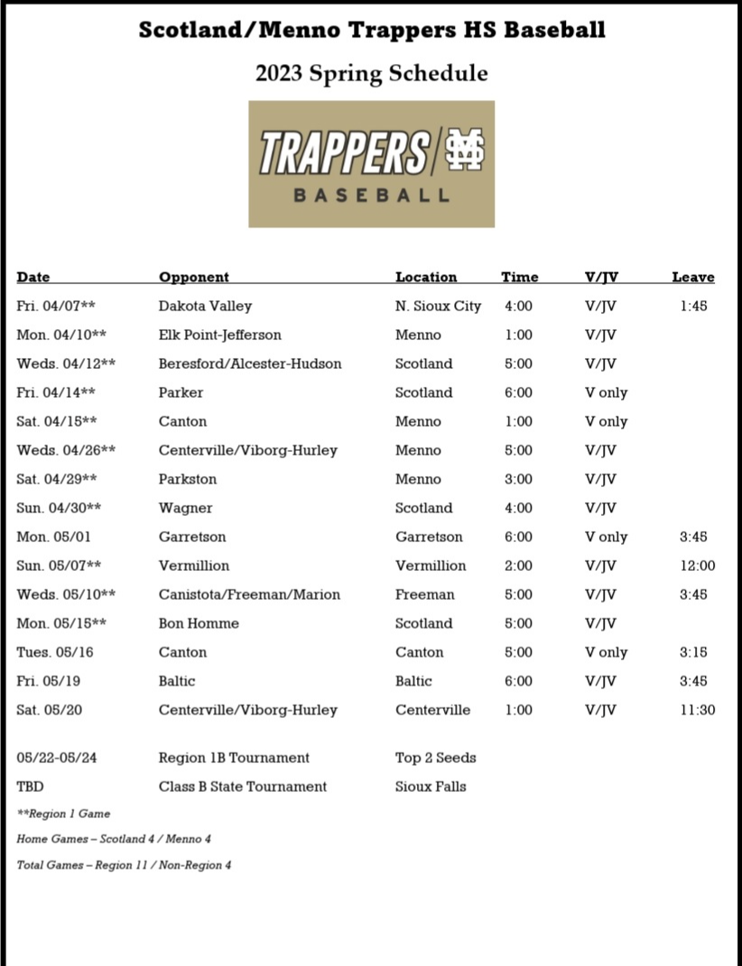 Trapper Baseball Schedule
