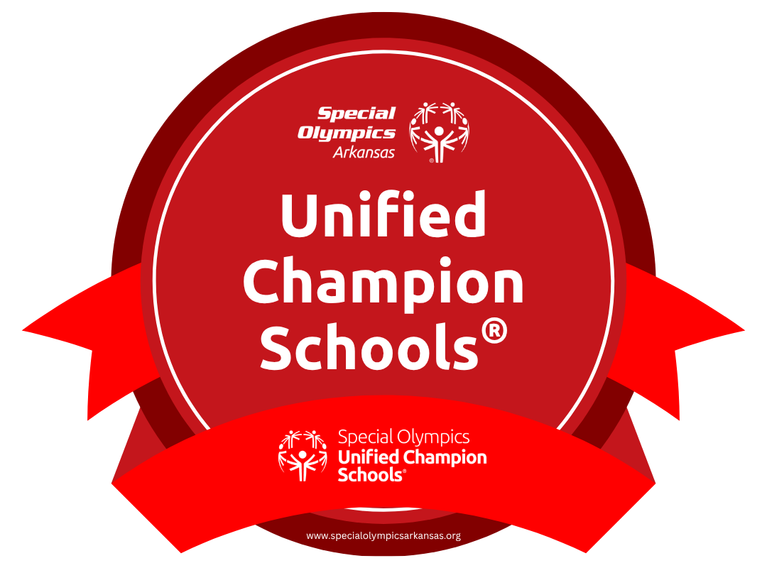 Red Special Olympics Arkansas badge reading “Unified Champion Schools.” The circular emblem includes the Special Olympics logo and a banner across the bottom with “Special Olympics Unified Champion Schools.”
