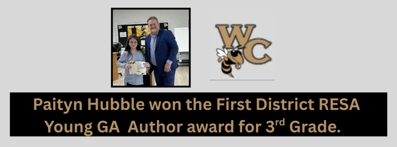 A collage with a logo, a man and a girl holding a certificate, and text reading, "Paltyn Hubble won the First District RESA Young GA Author award for 3rd Grade."