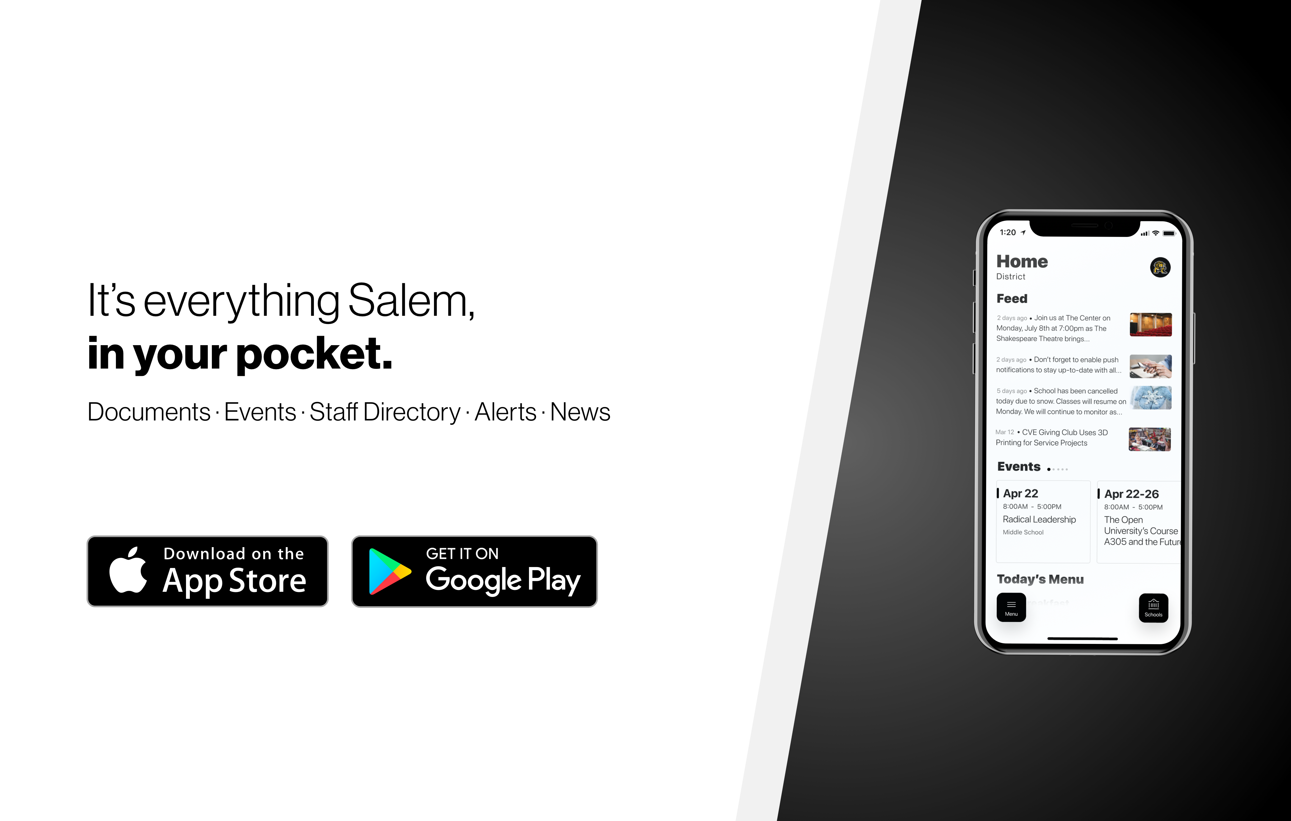 Advertisement for downloading Salem's mobile app. Links to App Store and Google Play are in website's footer