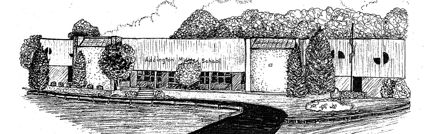 Black-and-white drawing of a building with large windows, surrounded by trees and shrubs, and a paved entrance path.