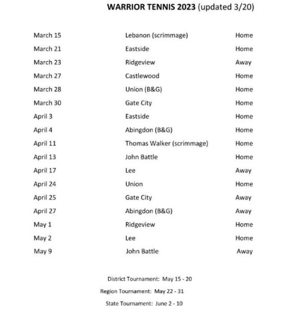 2023 Boys Tennis Schedule