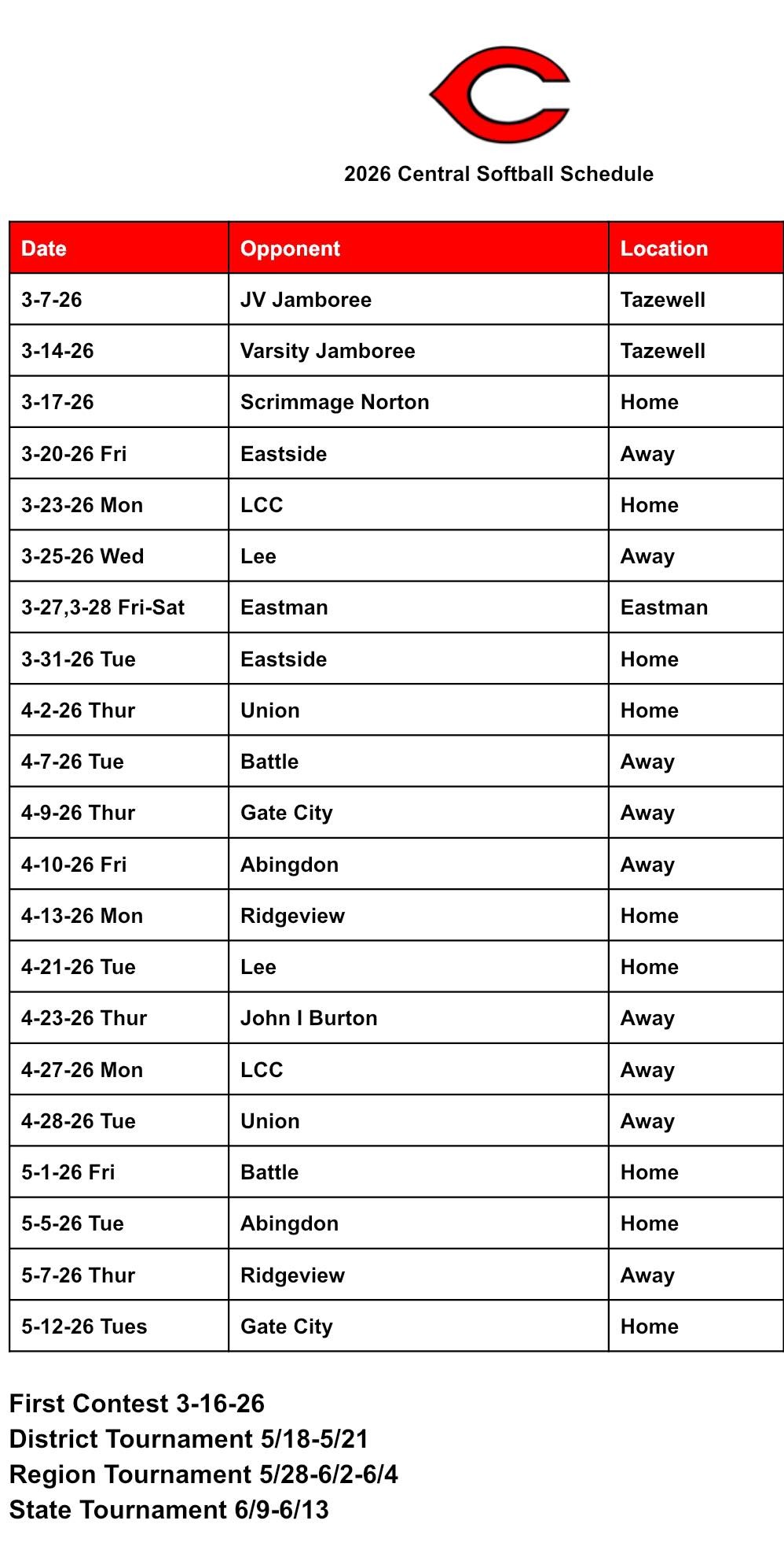 Softball schedule