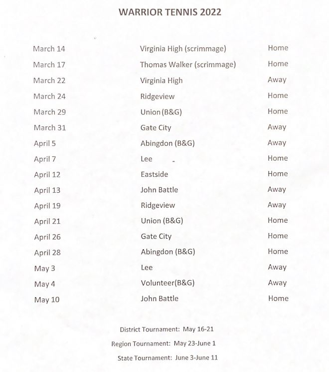 2022 Boys Tennis Schedule