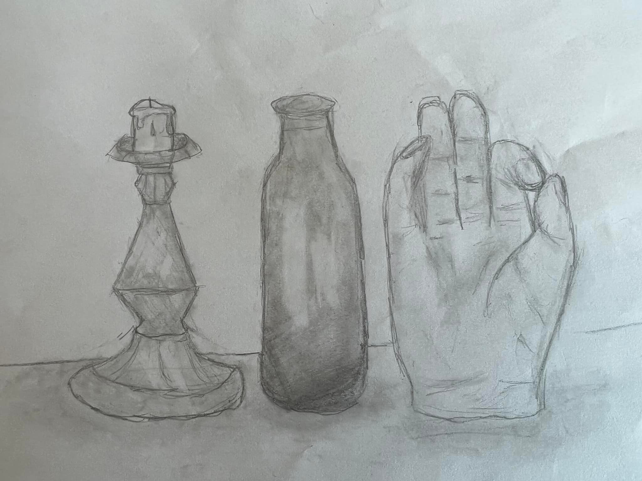 Pencil drawing of candle, bottle and hand on a table