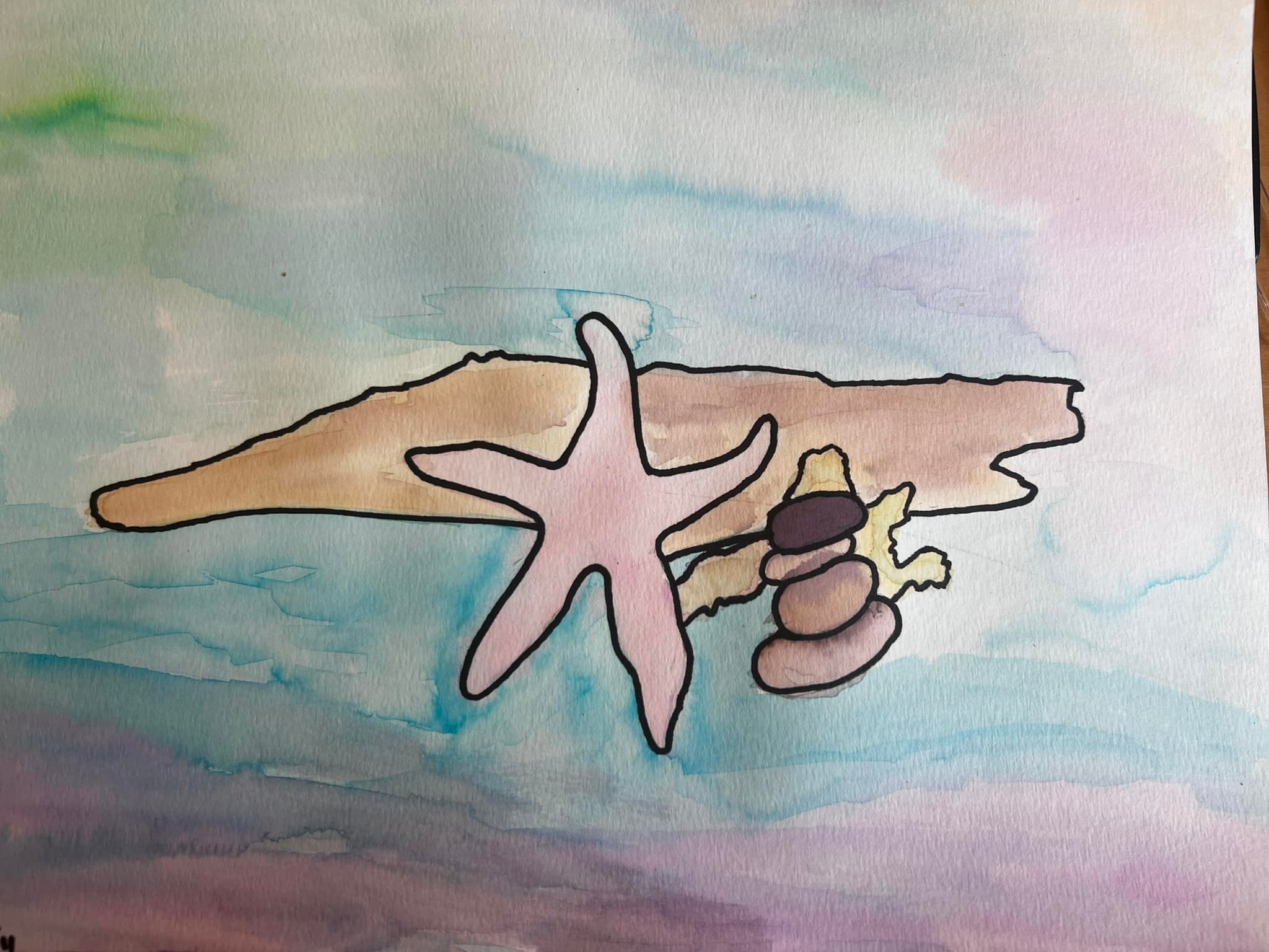 Color drawing of Starfish, blue water with beach in the background