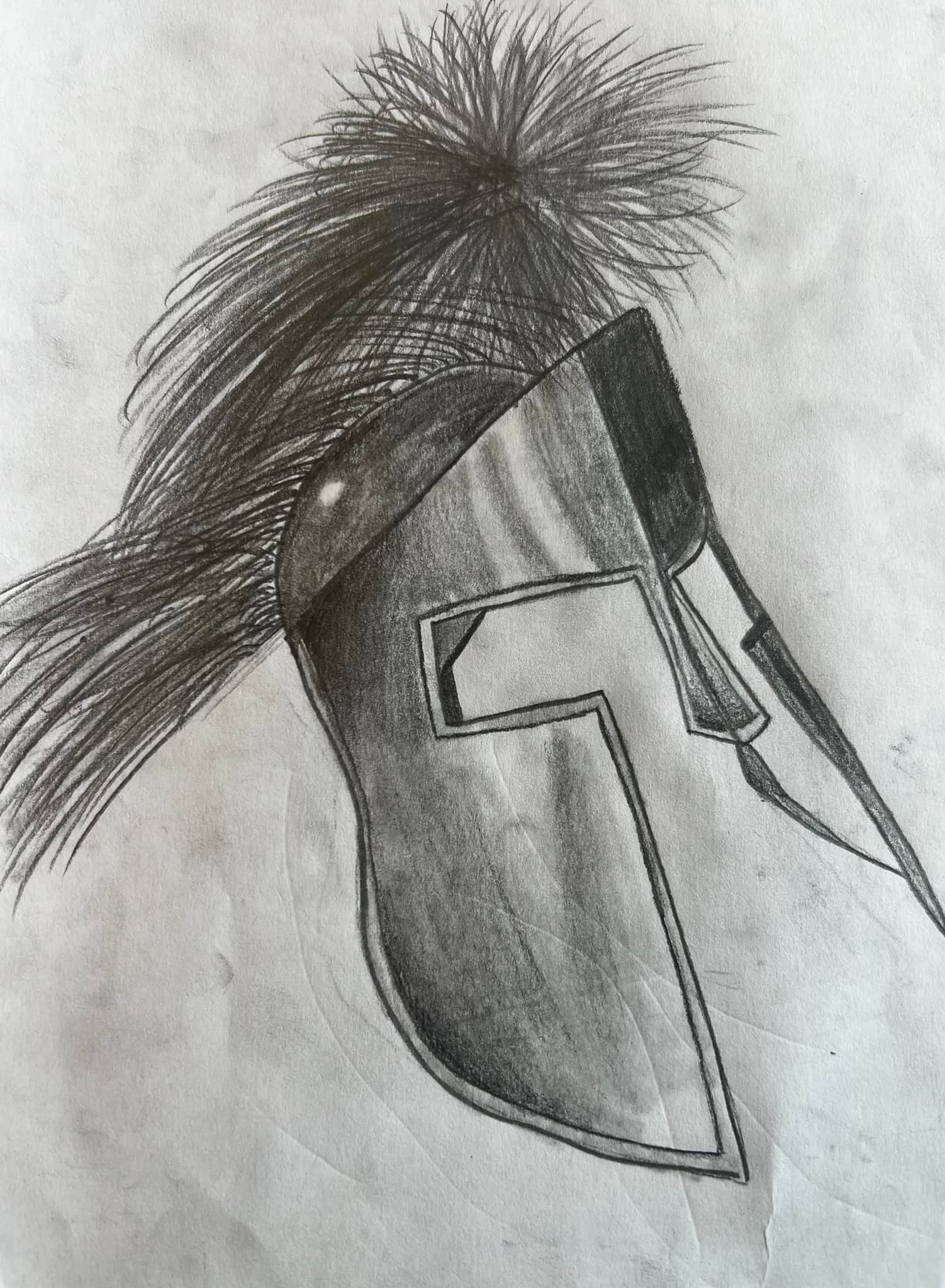 Pencil drawing of Spartan helmet with plume