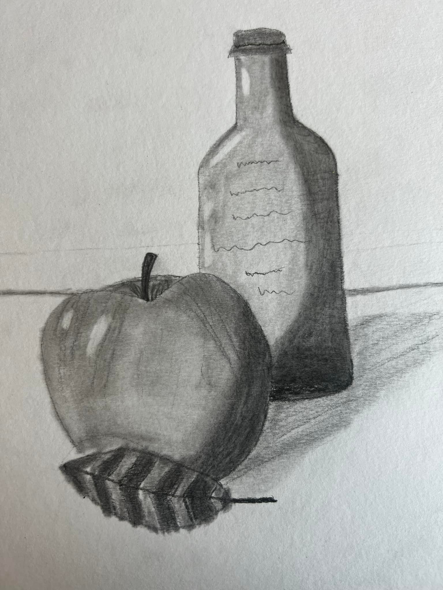 Pencil drawing of apple and a bottle