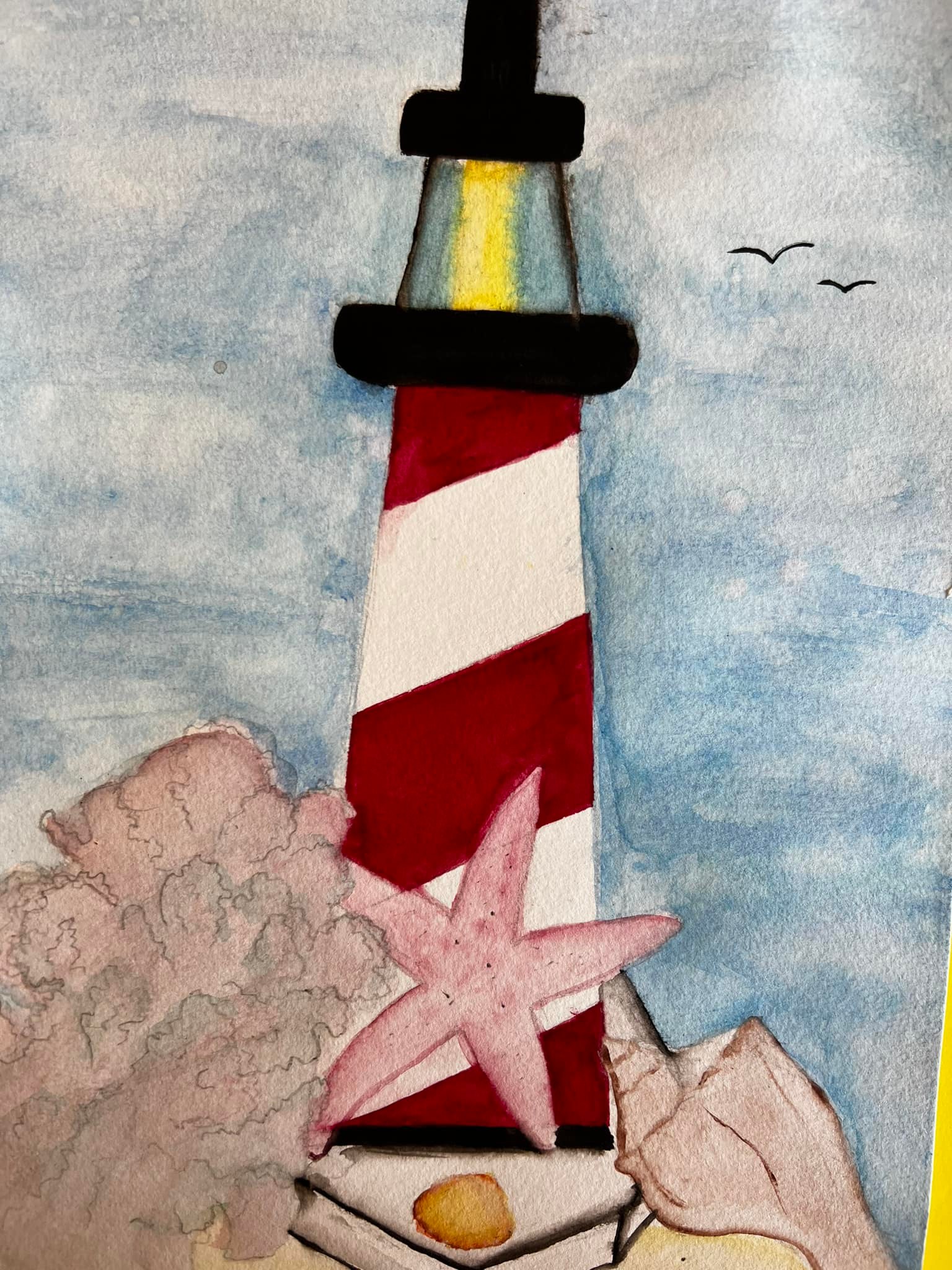Color drawing of red and white light house with amber light