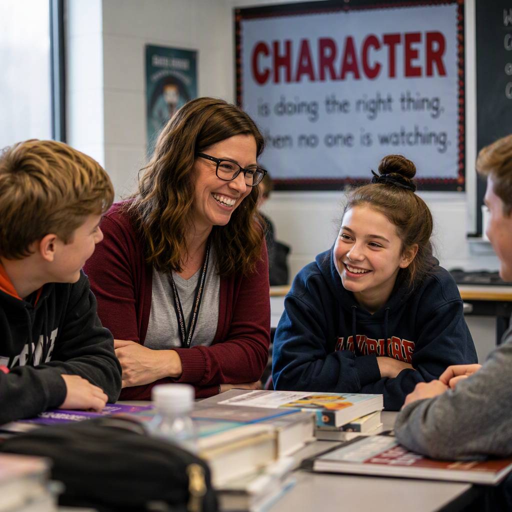 Building character a teacher and students around a table. 