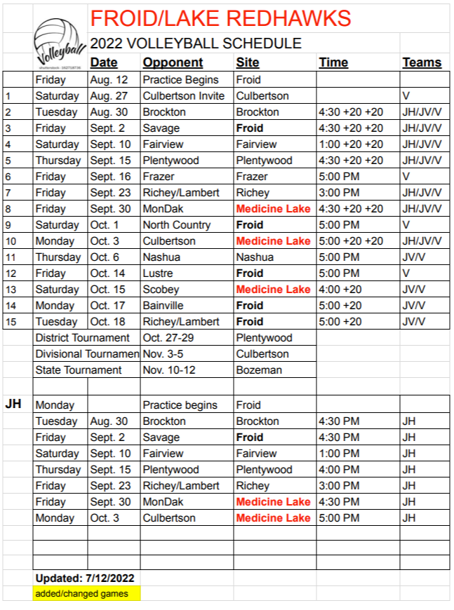 2022 Volleyball Schedule