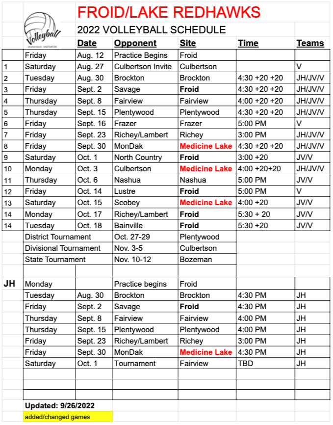 2022 Volleyball Schedule