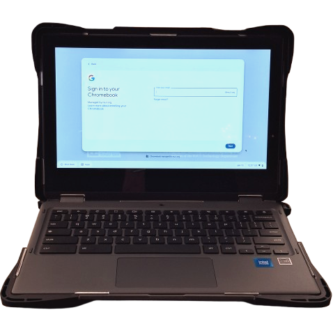 An open and powered on, gray CTL NL73 Chromebook covered with  a black and clear hard cover in laptop mode.