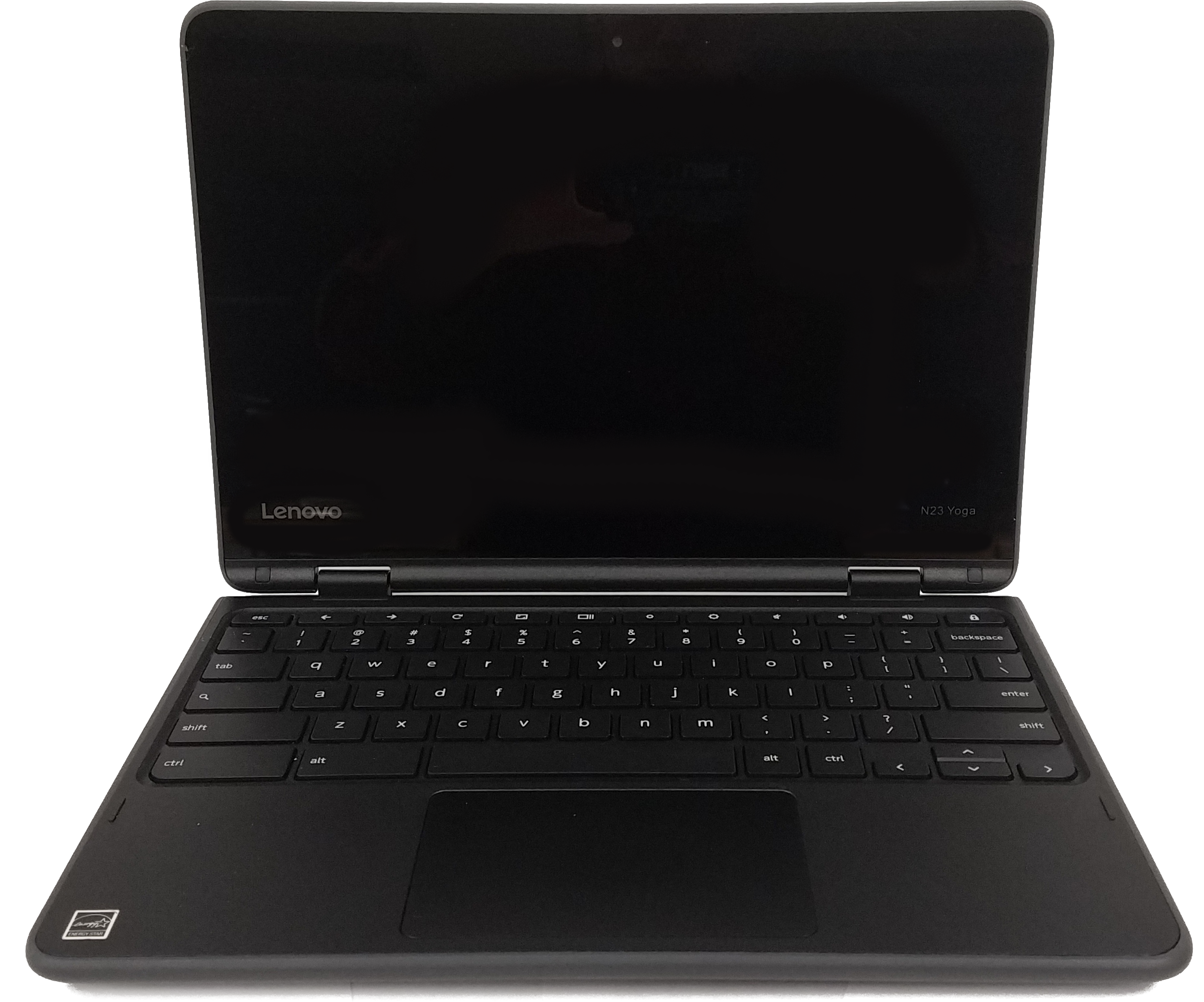 A black and gray Lenovo N23 Chromebook, open in laptop mode.