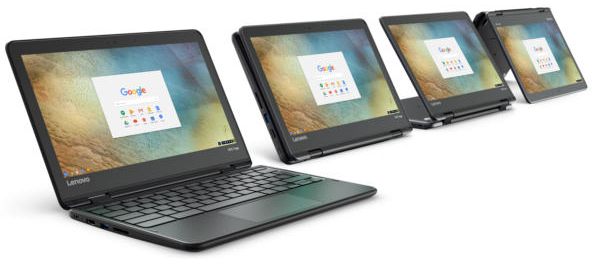 Four black and gray Lenovo N23 Yoga Chromebooks positioned in laptop, tablet, wedge, and tent modes.