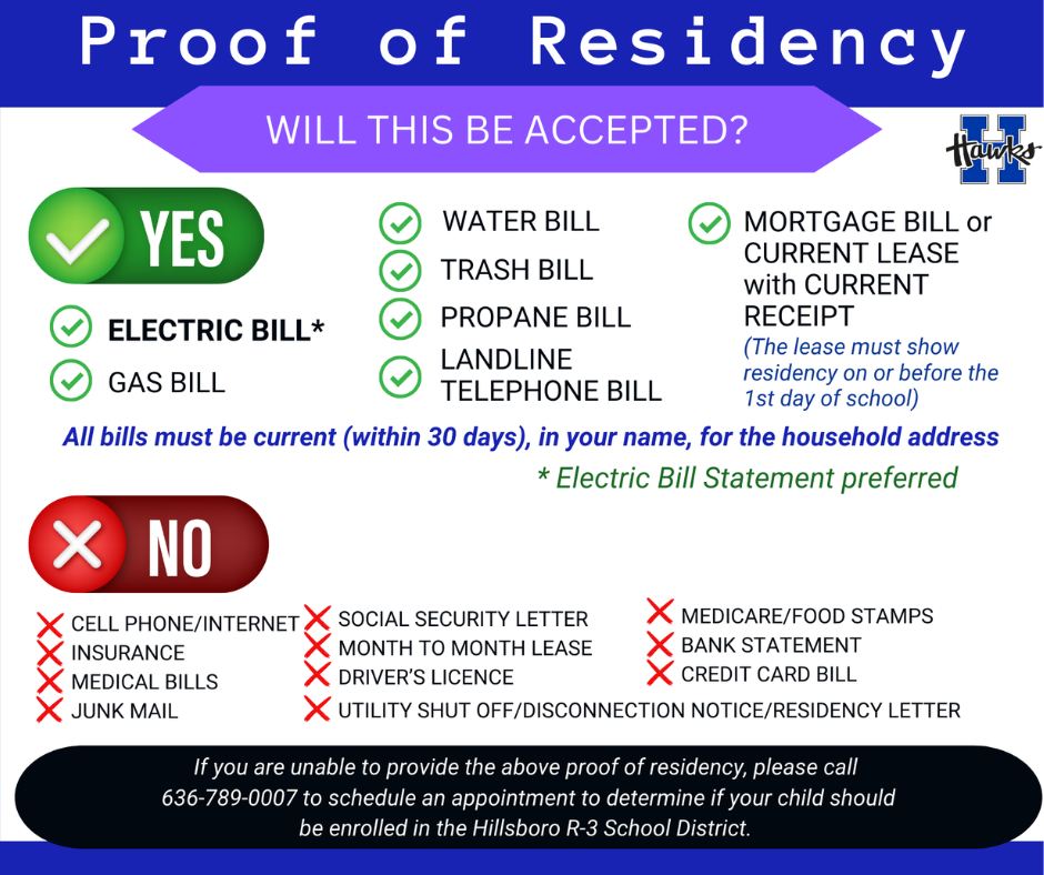 Proof of residency requirements: Gas or Electric Bill, Water Bill, Trash Bill, Propane Bill, Landline Telephone Bill, Mortgage Bill or current lease receipt. Lease receipts must show residency on or before the first day of school. Things not accepted: Cell phone/internet bills, insurance, medical bills, junk mail, social security letter, month to month leases, drivers license, utility disconnection notices, medicare or food stamps, bank statements or credit card bills. If you are unable to provide proof of residency, please call 636-789-0007 to schedule an appointment with the Hillsboro R-3 School District.