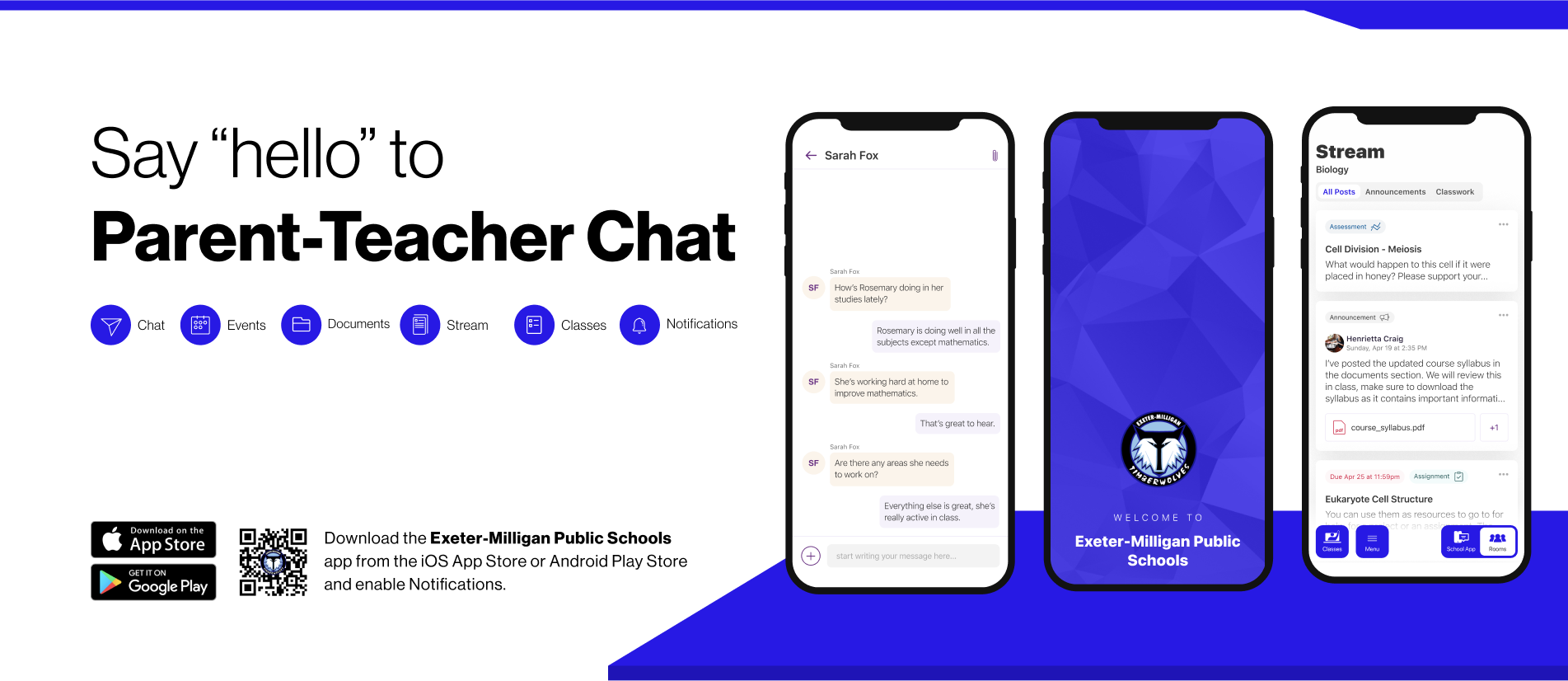 “Say hello to Parent-Teacher chat in the new Rooms app. Download the (Exeter - Miligan) app in the Google Play or Apple App store.”