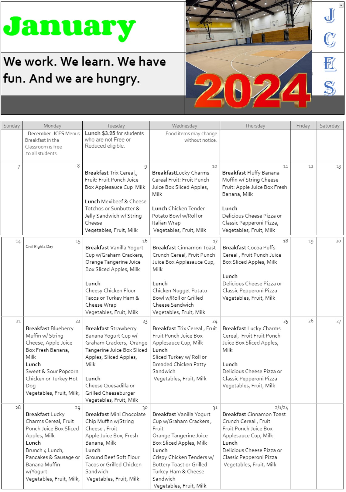 January 2024 Breakfast and Lunch menu at JCES